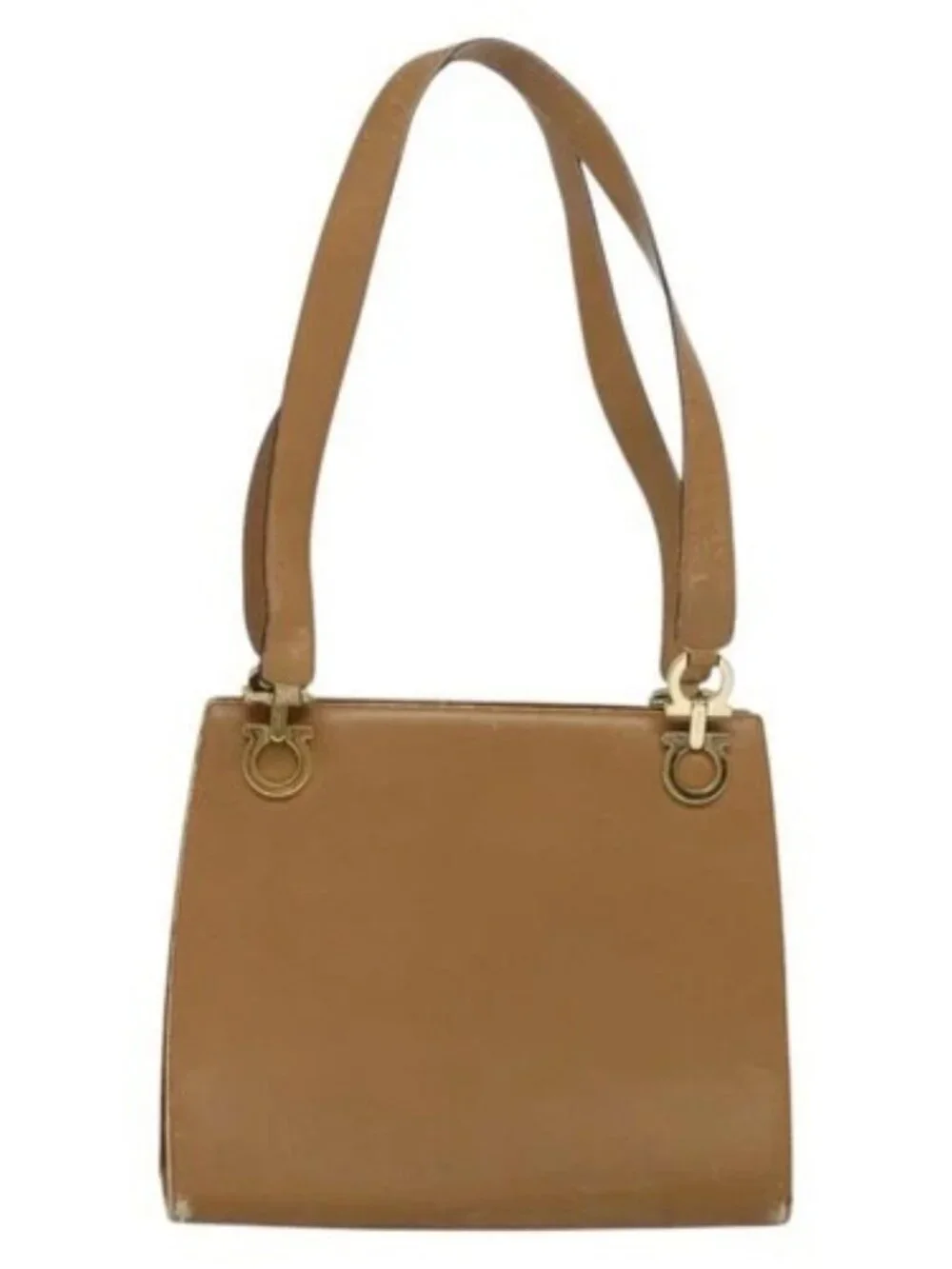 Salvatore Ferragamo Gancini Shoulder Bag Leather Beige Gold Auth EC442